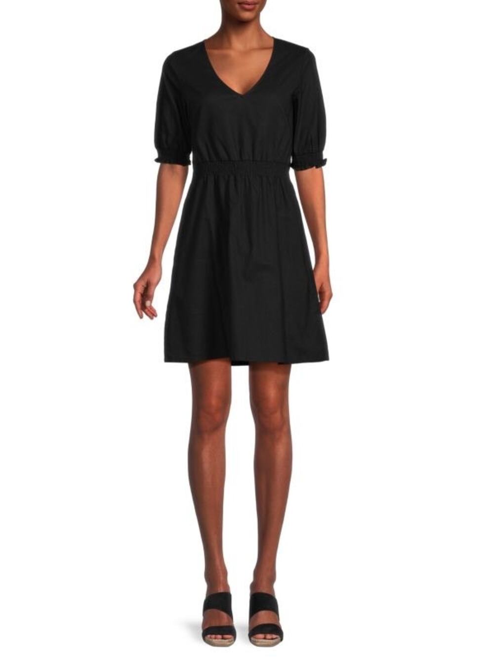 Saks Fifth Avenue Linen Blend V Neck Short Sleeve Dress Size S Small Black